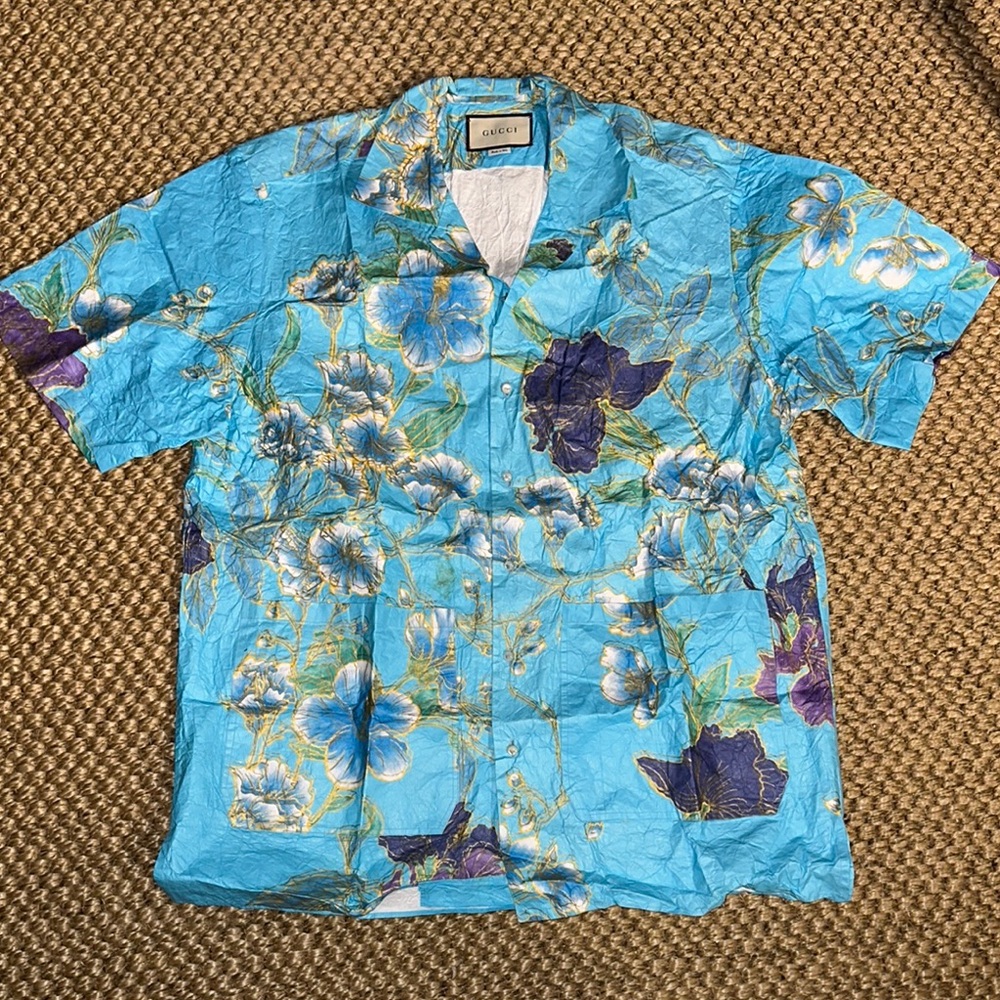 Gucci size 44 paper like material oversized bowling  Blue Floral Hawaiian Shirt